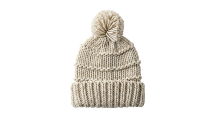 A cozy beige knit hat isolated on transparent background, featuring a classic pompom on top, a ribbed brim, and a warm, comfortable fit, perfect for winter weather and outdoor activities