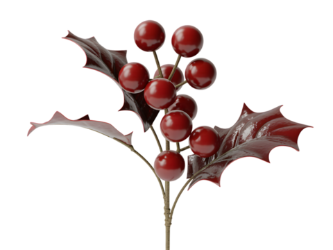 A sprig of artificial holly with red berries and dark green leaves, isolated on transparent background