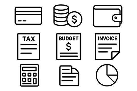Minimalist finance icons set: credit card, wallet, tax, budget, invoice, calculator, analytics