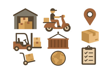 Logistics and delivery icons: packages, vehicles, and warehousing in flat design