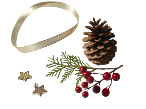 Christmas decorative elements including a pine cone, holly berries, pine branch, ribbon, and star ornaments, isolated on transparent background