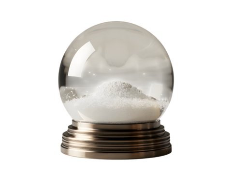 Clear glass snow globe with white snow inside, isolated on transparent background