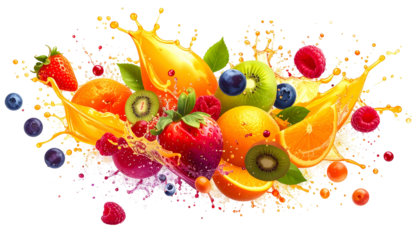 Colorful splash of juice and fruits including oranges, strawberries, kiwis, blueberries, and raspberries