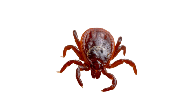 Macro view of a tick with eight legs, reddish-brown, isolated on a black background