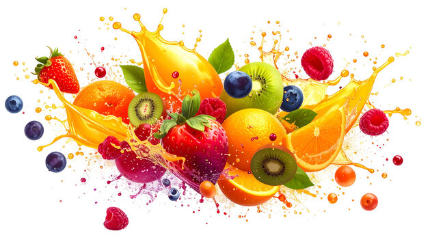 Colorful splash of juice and fruits including oranges, strawberries, kiwis, blueberries, and raspberries