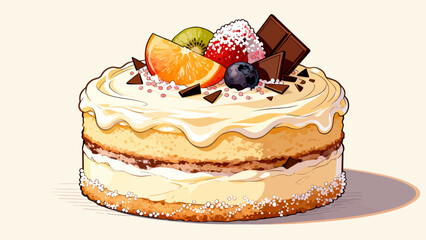 Delicious cream cake, cartoon hand-drawn vector illustrations