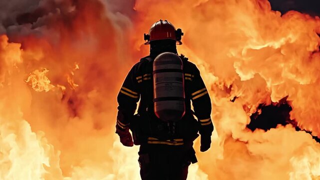 A firefighter prepares to combat raging flames while smoke billows behind him during a firefighting operation