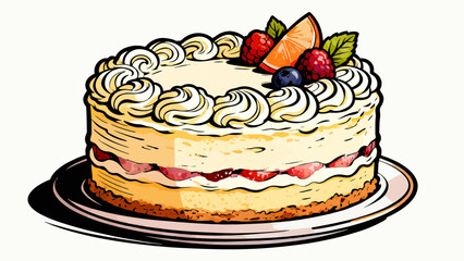 Delicious cream cake, cartoon hand-drawn vector illustrations