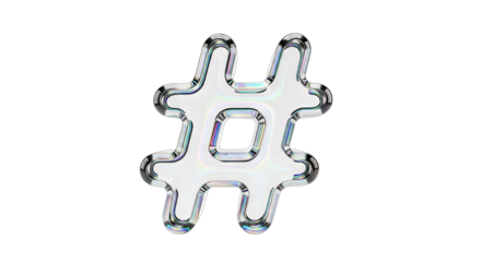 A shiny transparent hashtag symbol made of clear glass.