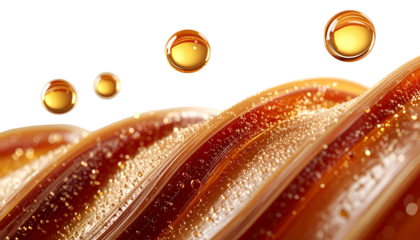 Golden spheres float above a curved, layered texture with water droplets