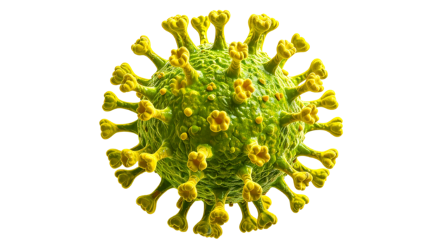 A 3D rendered, isolated, green and yellow sphere depicting the microscopic structure