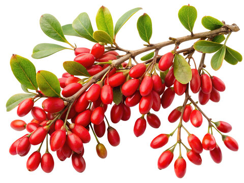 Vibrant red goji berries clustered on a leafy branch isolated on transparent background