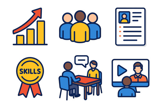 Business growth and teamwork icons: skills, communication, and digital learning