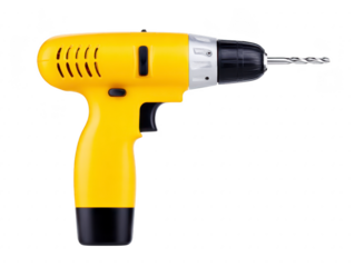 Yellow cordless drill electric power tool black handle metal drill bit isolated on transparency background used for construction repair home improvement modern design practical equipment