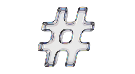 Clear Glass Hashtag Symbol on White Background.