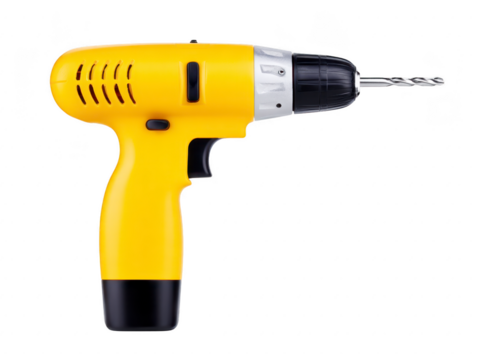 Yellow cordless drill electric power tool black handle metal drill bit isolated on transparency background used for construction repair home improvement modern design practical equipment