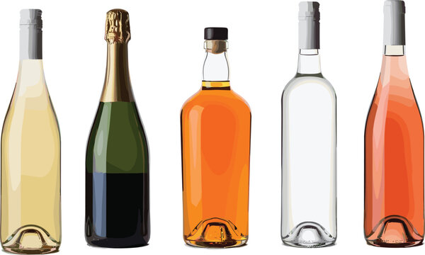 Assorted wine and liquor bottles illustration isolated on white background, perfect for bar menu designs, beverage branding, product advertising, restaurant concepts, and packaging