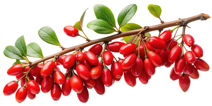 A vibrant branch laden with ripe red goji berries and green leaves isolated on transparent background