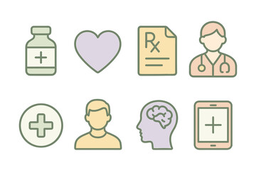 Fototapeta premium Medical icons set: health, prescription, and doctor in a pastel outline style