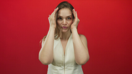 Fototapeta premium Woman scrunches eyebrows and covers face with both hands in studio against vibrant red wall; frustration fatigue.