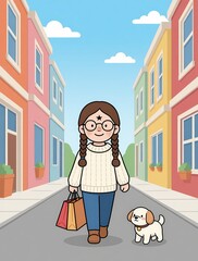 A cheerful girl with glasses and braids walks down a sunny, colorful street with her small white puppy, carrying shopping bags — happy, relaxed, and perfect for themes of friendship and daily life.