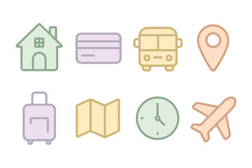 Minimal pastel travel icons: home, transport, map, and time symbols