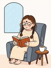 A cozy girl with glasses and braids reads a book in a soft armchair on a rainy day, with a steaming cup of tea on a side table — serene, peaceful, and perfect for themes of quiet comfort.