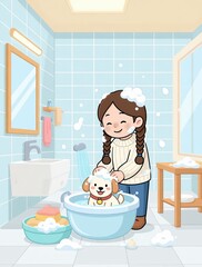 A cheerful girl with braids gently bathes her small white puppy in a blue basin in a bright, tiled bathroom, surrounded by bubbles and soap — sweet, caring, and heartwarming.
