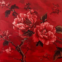 Elegant Blood Red Floral Chinoisserie Background.