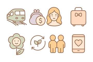 Pastel icons of travel, finance, and relationships in line art style