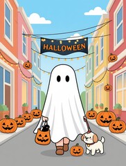 A cute cartoon ghost in a white sheet walks down a colorful Halloween street with a small dog, carrying a pumpkin bucket, surrounded by jack-o'-lanterns and festive banners — playful and spooky.