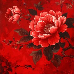 Elegant Blood Red Floral Chinoisserie Background.