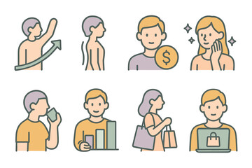 Line art icons: shopping, finance, and well-being concepts in pastel colors