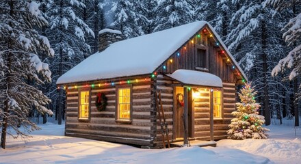 Winter cabin in the woods with Christmas lights and snow