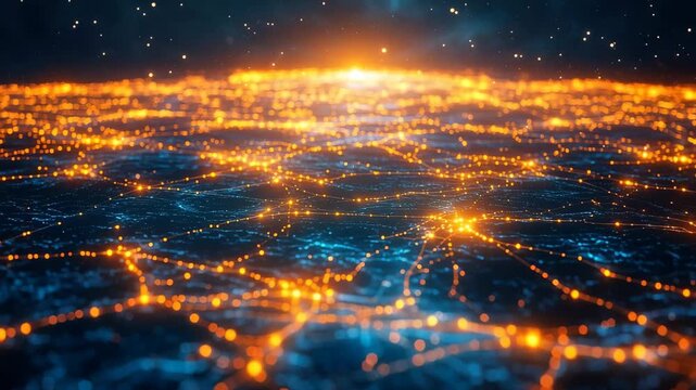 Vibrant network of light connections illuminating a dark landscape in an abstract digital representation at dusk
