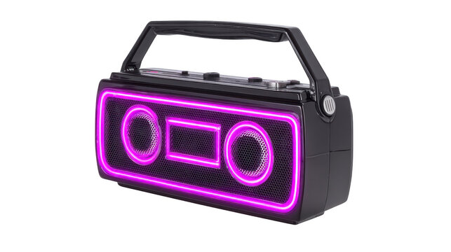 Portable speaker black with purple LED light mesh front handle modern design isolated on white energetic vibe wireless audio device compact size party accessory