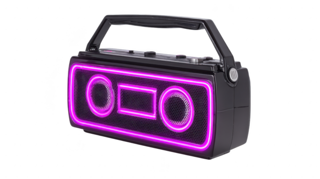 Portable speaker black with purple LED light mesh front handle modern design isolated on white energetic vibe wireless audio device compact size party accessory