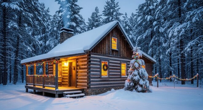 Cozy log cabin in a snow covered winter forest at night