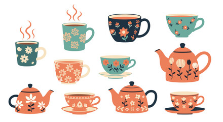 A collection of decorative teacups and teapots in various floral patterns.