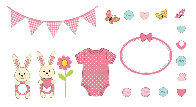 Cute baby shower decorative elements featuring bunnies butterflies and a bodysuit.