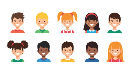 A diverse group of happy children with smiling faces and different hairstyles.