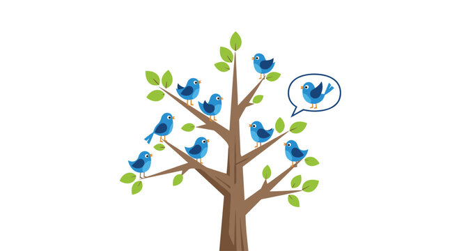 A whimsical illustration of several blue birds perched on the branches of a leafy tree with one bird in a speech bubble.