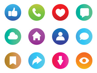Social media engagement and communication symbols heart, thumb, user, communication, share, drive, home, eye, call icons