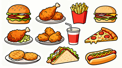 Fast food, hamburgers, French fries, fried chicken, hot dogs, sandwiches, soda, pizza, chicken legs, tacos, chicken rolls, cartoon hand-drawn vector illustrations