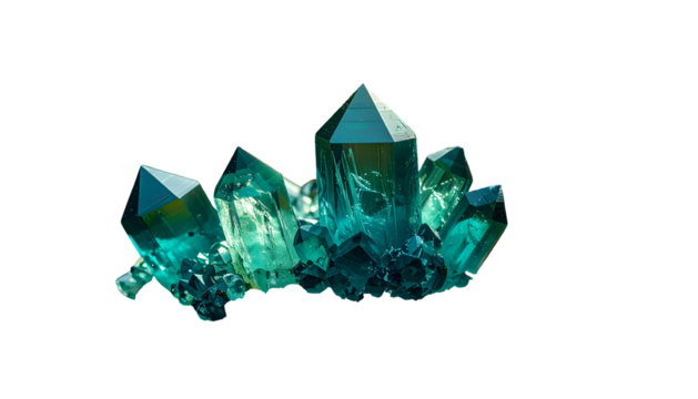 A cluster of gem-like, teal crystals against a stark black background, shining