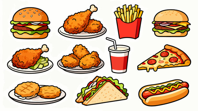 Fast food, hamburgers, French fries, fried chicken, hot dogs, sandwiches, soda, pizza, chicken legs, tacos, chicken rolls, cartoon hand-drawn vector illustrations
