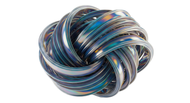 Abstract metallic knot sculpture with iridescent sheen.