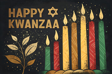 "Vibrant 'Happy Kwanzaa' Greeting Card with Kinara, Menorah, and Olive Branch - A Celebration of Unity and Light"