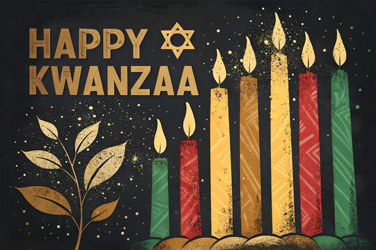 "Vibrant 'Happy Kwanzaa' Greeting Card with Kinara, Menorah, and Olive Branch - A Celebration of Unity and Light" - Powered by Adobe