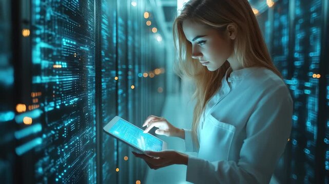 Woman examining digital data on a tablet inside a high-tech server room during evening hours - Powered by Adobe